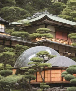 Japanese tea house under a glass dome on an asteroid in space