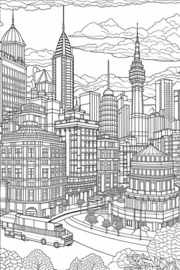 various architectural landmarks and cityscapes, coloring book page, simple and clean line art, adult drawing book, low details, black and white, crisp black lines, no shades, sharp lines, coloring book for adults, cartoon style, landscape