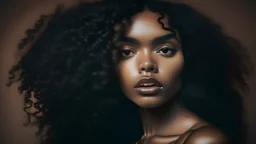 a photo of a beautiful blck woman with black curly hair, dreamy, nostalgic, fashion editorial, studio photography, magazine photography, earth tones, 9:16