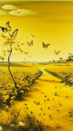 A yellow stinky field with butterflies painted by Salvador Dali
