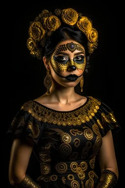 catrina woman with beautiful black and gold dress