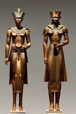 [Ancient Egypt, Mycenaean, man, woman] denyen: Towering figures, their armor adorned with symbols of prowess, lead the charge. Feathers crown their heads, a testament to their connection with the skies. As they advance, their strides echo the rhythms of distant lands, the echoes of battles fought and won resonating in every step.