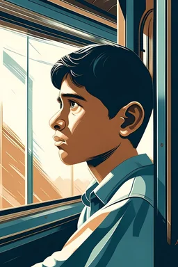 Vector. Illustration. young Indian boy looking sideways out from train windows thinking. contemplate. Resting both his hands on the train windows. Front view. 1980s. Minimal. 2D animated. Digital painting, Ol. high resolution.