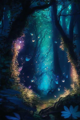 A magical, moonlit forest glade, where delicate, glowing fairies dance among the foliage, creating an enchanting spectacle of light and color.