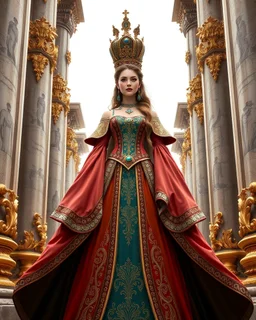 A beautiful Queen in a luxurious and detailed costume, standing among magnificent architectural columns. Wearing a long colors dress with very intricate ornamental details. The dress is equipped with long and wide sleeves, and decorations on the chest and waist that look like medals or emblems. Above the character's head is a large crown,The architectural columns around the character are also very detailed, with gold carvings and ornament