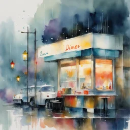 Rainy day scene at a diner, by John Lovett and Vicki Boutin, mind-bending watercolor illustration; moody, cool colors, raining, wet surfaces