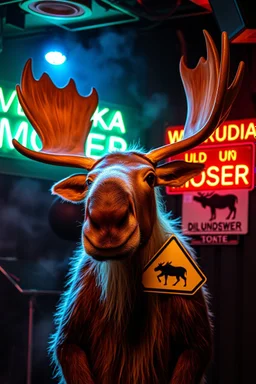 An big female moose with big eyes "Veronika Moser" performing at dance club, her name is "Moser" HAIRY FRUITS EVERYWERE On stage, Green Neon lights and smog, and "VERONIKA MOSER" big sign on the wall, "DU UND ICH UND MOSER" red plate sign, Swedish Yellow warning sign with moose