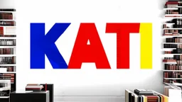 Create a visually striking and dynamic artwork that masterfully incorporates negative space, creating an iconic name logo. The word "KATZ" is displayed in a bold, eye-catching font, adorned with vibrant reds, blues and yellows, representing the abundant creativity. The word is set against a cityscape of books. The deep white background enhances the contrast of this breathtaking masterpiece, making it a truly mesmerizing visual experience., architecture, vibrant, typography