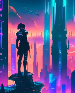 A vivid, neo-noir depiction of a futuristic, dystopian cityscape, with towering skyscrapers, neon lights, and flying vehicles, as a lone protagonist stands atop a building, overlooking the sprawling metropolis below, ready to face an epic challenge.