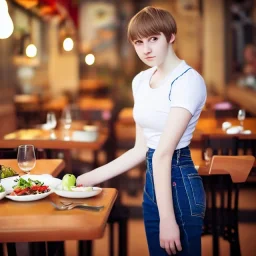 Realistic photo Russian shorthair beautiful 20-years tomboy boyish boylike young wife wide hips in restaurant