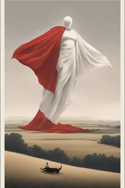 Giant massive huge in stature, majestic entity, hovering and floating over a large field landscape. the entity wears a white and red draped fabric that has printed on the material resembling stars. the fabric has also technological elements. you can see how big it is compared to a tiny human standing in front of it