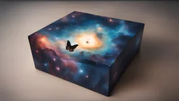 a box 10 cm long by 5 cm wide and 25 cm high, drawn on a box on all sides, butterfly nebula, space, tress, planets, realistic