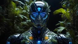 high detailed professional upper body photo of a transparent porcelain android looking at viewer, with glowing backlit panels, anatomical plants, dark forest, night, darkness, grainy, shiny, intricate plant details, with vibrant colors, colorful plumage, bold colors, flora, contrasting shadows , realistic, photographic