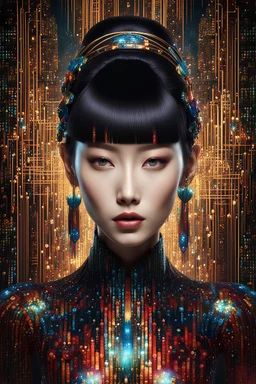 beautiful strange looking digital woman Asian made up completely of binary code, expressive and mysterious, consisting fully of binary code, full body portrait, deep colors, detailed matte painting, fantastical, intricate detail, splash screen, colorful, fantasy concept art, 8k resolution, Unreal Engine 5, beautiful iris, sharp focus, centered. By addiedigi