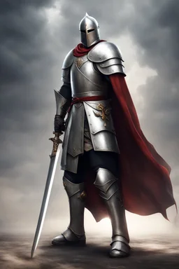 photorealistic holy knight paladin wearing a cape wielding a greatsword