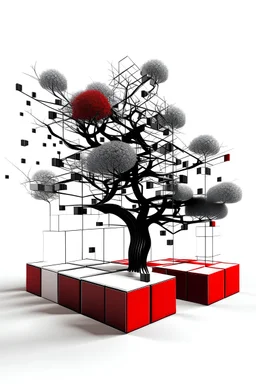 Metabolism, concept - LINES, CUBES, red-BLACK AND WHITE, one support at bottom and cubes in the air with superimposition of tree