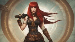 full body and headshot of a skinny Cleopatra, with long straight red hair, dressed as an assassin standing in a steampunk setting.