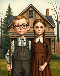 American Gothic 'American Gothic' Prompt: A farmer kid with a pitchfork standing beside a female kid in front of a Gothic-style wooden house. The farmer wears glasses and overalls, while the girl wears a brown dress with a white collar. The background features trees and a bright sky, evoking a traditional rural American setting. The art style should resemble Grant Wood's "American Gothic" with detailed realism and soft brushwork. In the style of Garbage Patch Kids art. Add the text “Garbage Pat