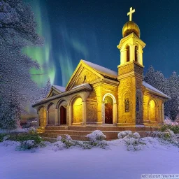 Greek Orthodox Church, decorated with intricate stone carvings, on a snowy night, golden crosses on tops, white light inside, many different color northern lights,Aurora Borealis and Full Moon over Mountains, 10 second long exposure highly detailed ultra reallistic oil on canvas cinematic lighting colourful Jacek Yerka Thomas Kinkade Caspar David Friedrich long exposure good atmosphere