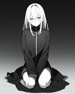 emotionless, numb, black and white, anime girl sitting with black background