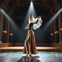 A full-body cinematic photograph of a graceful Azerbaijani woman performing a traditional national dance. She wears an intricately embroidered velvet bodice and a flowing long silk skirt. On her head is a small ornate traditional crown with a long, translucent white lace veil flowing elegantly behind her. She stands in a poised, elegant dance pose on a sleek modern performance stage with dramatic professional spotlighting. The stage is set inside a massive opulent royal hall with high ceilings,