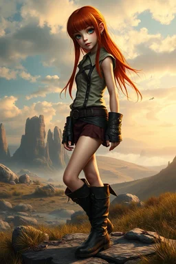 Photorealistic full-height photo of a skinny girl in steampunk clothing and boots with long, dark ginger hair with bangs in a fantasy landscape