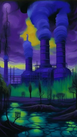 A purple haunted nuclear plant with ghosts painted by Vincent van Gogh