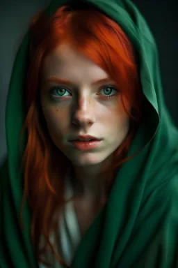 A girl with red hair and green eyes and she is wearing robe