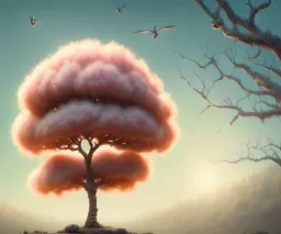 a beautiful digital painting of a marble tree entertwined in tumutluous clouds, intricate white branches and birds flying in the sunlight, blue sky at sunset, elegant, highly detailed, artstation, concept art, matte, sharp focus, art by tom bagshaw, kelogsloops and greg rutkowski