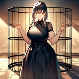 strong anime girl held prisoner inside a cage