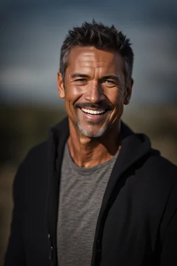 Portrait of a 50 year old Olive skinned handsome male with dark salt and pepper short hair and a goatee beard, smiling