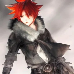 Final fantasy XIV, Detailed anime boy, crimson red hair, wolf ears, orange eyes, white trench coat, intricate details, Dark knight (final fantasy) , full body portrait, keep head in frame, slight smile with a single fang exposed, black Japanese motif, concept art, highly detailed, digital painting, concept art, sharp focus, illustration, art by Yoji Shinkawa, WLOP and greg rutkowski and alphonse mucha and artgerm and yanjun Chen and Junji ito and Makoto Shinkai, HDR, octane render