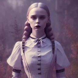 Full body, 3d render, Wednesday addams 1800's women style, 1800's hair style, 1800's women clothes style, hyper realistic, octane render, unreal engine 5, 8k, palace background, uhd