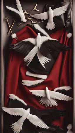 White clipped wings on a red fabric, next to scissors and black leather gloves. Cinematic image