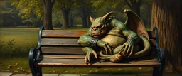 master oil painting by Rembrandt, fat old orc dragon gremlin sleeping on a bench in the park