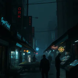 a dark market square, cyberpunk style, dodgy salesmenm dark mood