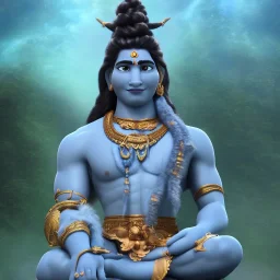 lord shiva meditating in the air, ultra realistic photo, blue colour, high key lighting, volumetric light high details psychedelic background