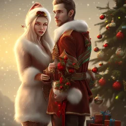 two elves. woman and man. Christmas scene. photorealistic. low-key