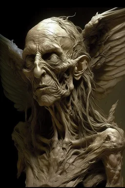 sculpture of a old man with wings. Multiple faces , decayed and rotting with grotesque proportions and imagery. abstract grotesqueries, detailed texture, surreal horror, biomechanical design, by hr giger and beksinski