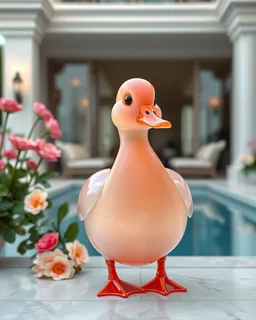 Generate image: Generate image: Generate image: A macro 3D render of a cute, lovely mallard entirely of translucent, glossy,colored jelly material. it is standing in terrasse of a luxury villa next to flowers ,subsurface scattering and gelatinous texture . High-quality CGI, octane render, 8k resolution, whimsical, adorable, clean composition., in the style of Portraits, in the style of Portraits, 4:3