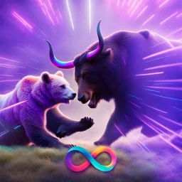 brightly coloured 3D infinity symbol ∞, bull with horns on right beating a bear on left in a fight, DSLR with a 80mm lens, set to f/16 and a slow shutter speed of 1/15s, striking, neon, vibrant, chiaroscuro, dramatic, captivating, high-tech, powerful, fantasy, beautiful, octane render, 16k post-production, artstation: award-winning: atmospheric: commanding: fantastical: clarity: ultra quality: striking: brilliance: stunning colors: amazing depth; lens: f/11, 35mm