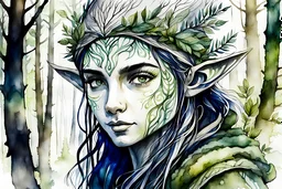 create in ink wash and watercolor portrait of a young, nomadic forest elf female fantasy art character, with highly detailed, sharply lined and deeply weathered facial features, in a primeval forest landscape , finely inked, 4k