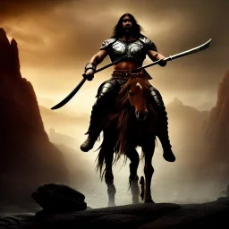 conan the barbarian as a conquistador riding a horse, uhd, realistic Epic cinematic brilliant stunning intricate meticulously detailed dramatic atmospheric maximalist digital matte painting, deep color, fantastical, intricate detail, splash screen, complementary colors, fantasy concept art, 8k resolution trending on Artstation Unreal Engine 5