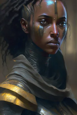 sayat demisssie,ethiopian actress,concept art,digital painting,warrior,cinematic, Concept art, low lighting, Gritty, Detailed, cybernetic enhancements, future setting, Digital painting, art by magali villeneuve and rk post, Sharp focus, trending on artstation.