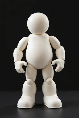 a standing animated figure (no neck, a flattened face area, stubby legs, bulky arms, no painted details, white in color) vinyl art toy