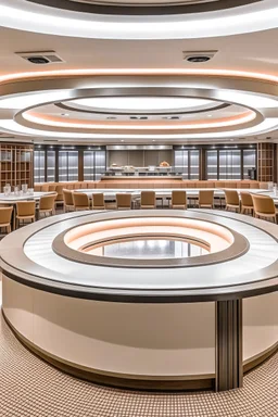 Oval-shaped restaurant consisting of one large table in the middle of the table there is a kitchen