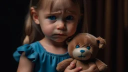 a little girl holding her toy with tears