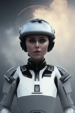 Black intergalactic pilot AnnaSophia Robb, portrait, bright white eyes, wearing high tech pilot helmet, white smoke, dark, rage, sorrow, high definition, ultra 8 k, volumetric lighting, blue fire, fog