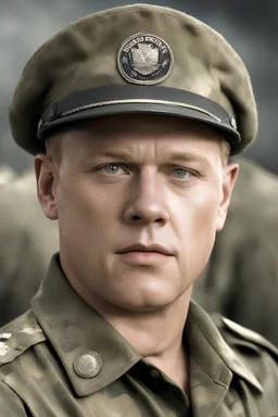 facial portrait - Band of Brothers, 20-year-old Michael Cudlitz as Staff Sergeant Denver "Bull" Randleman, WWII camouflage battle dress uniform, Professional quality full color photography by Ansel Adams - 4k UHD, Ultra-realistic, Hyper realistic, Photorealistic, Realistic, absolute Reality