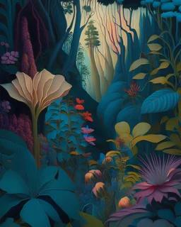 A mystic forest in the style of Georgia O'Keeffe, with colossal, vividly-colored flowers and plants, serving as a sanctuary for unique and ethereal wildlife.
